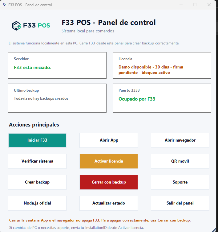 Launcher de F33 POS para iniciar Demo o Base